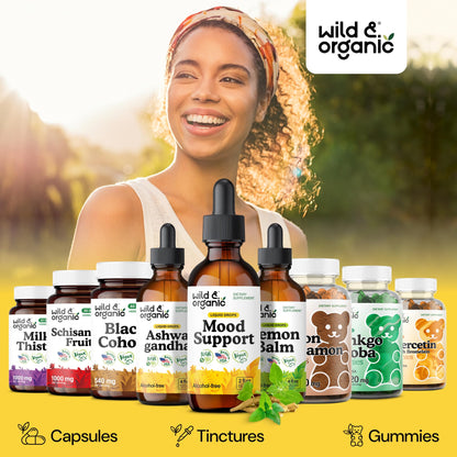 Wild & Organic Mood Support Drops - Good Mood Supplements w/Ashwagandha Root & Rhodiola Rosea - Natural Liquid Drops for Positive Energy - Calm and Relax Supplements for Women and Men - 2 oz