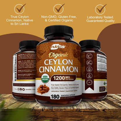 NutriFlair Organic Ceylon Cinnamon Supplement 1200mg, 120 Capsules - USDA Certified - Non-GMO, Gluten Free Powder, Antioxidant Pills