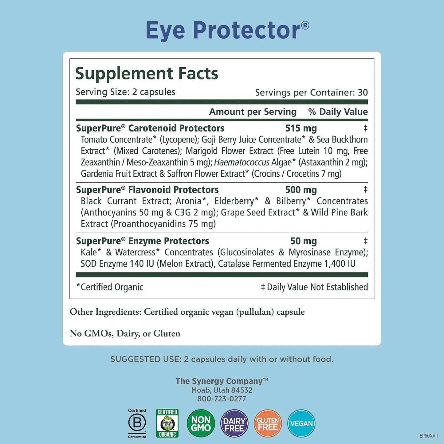 PURE SYNERGY Eye Protector | 100% Natural, Vegan Eye Health Supplement | with Organic Astaxanthin, Lutein, & Zeaxanthin | for Healthy Vision (60 Capsules)