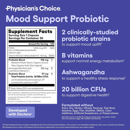Physician's CHOICE Mood Support Probiotic - Supports a Balanced Mood, Healthy Stress Response & Digestive Health with Prebiotics, Ashwagandha, Vitamin B12, Folate - for Men & Women - 30ct