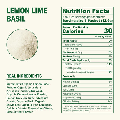 Ballerina Farm Farmer Hydrate Lemon Lime Basil Electrolyte Powder Packets | Travel Ready, Organic Coconut Water, Irish Sea Moss, French Sea Salt, 210mg Sodium, 25 Count