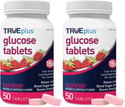 TRUEplus Glucose Tablets, Grape, Raspberry, Orange Flavors, 50 Count | Chewable Tablets, 15g Fast-Acting Carbohydrates, Fat Free, Gluten Free, Boosts Energy, Great Tasting and Easy to Use