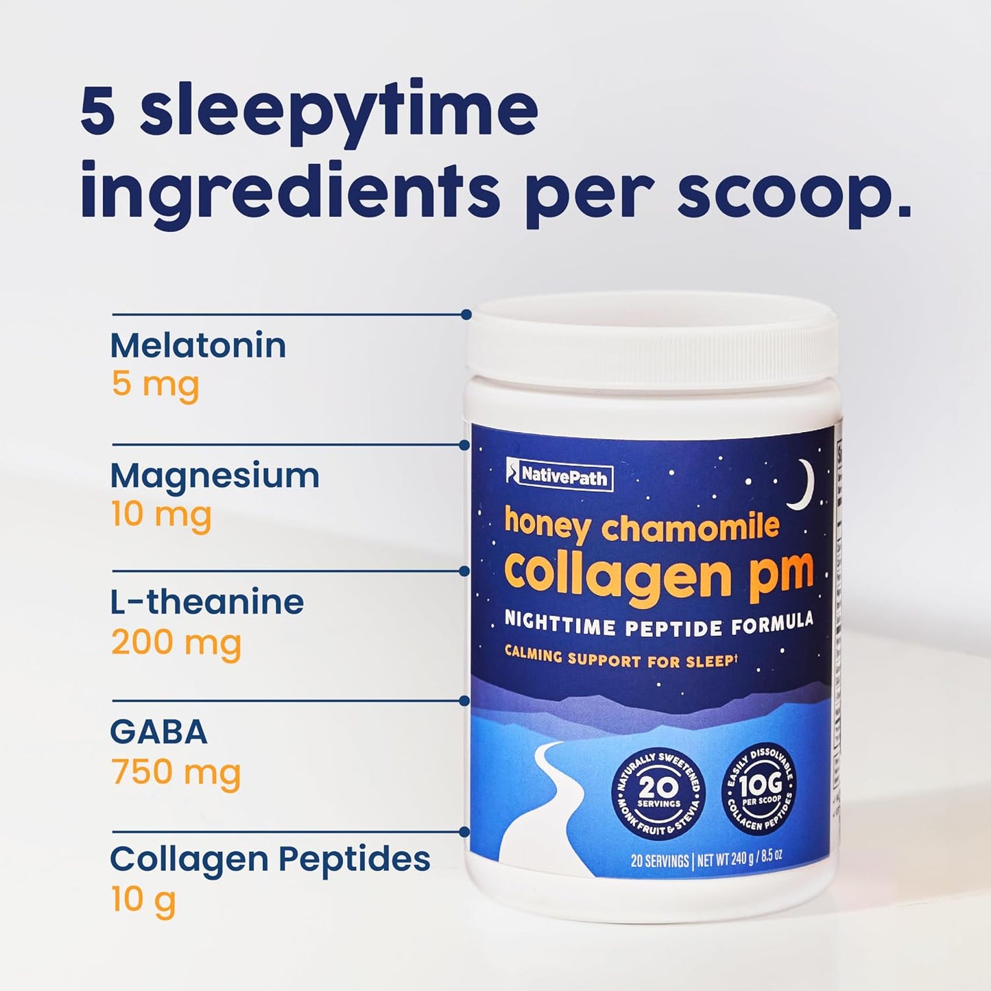 NativePath Collagen PM Honey Chamomile with Melatonin, 20 Servings | Grass-Fed Peptides, Magnesium, GABA & L-Theanine, Supports Restful Sleep, Skin & Hair, No Added Sugar