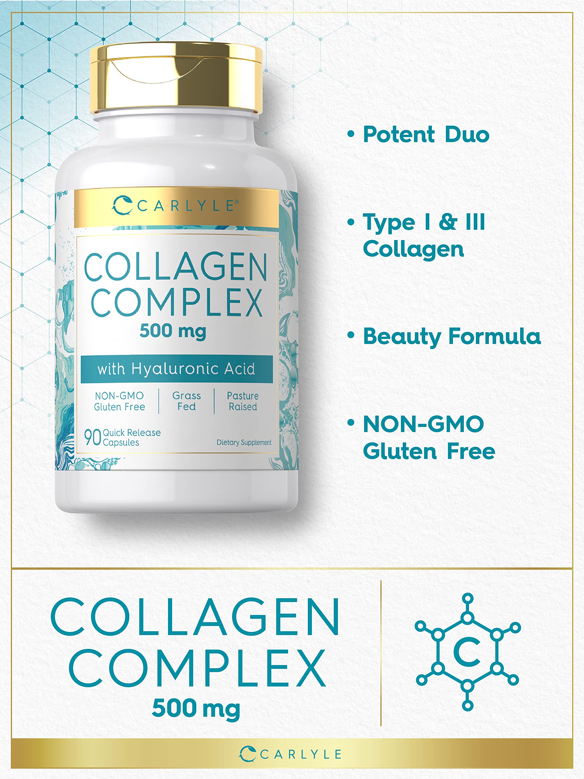 Carlyle Collagen Pills with Hyaluronic Acid | 500mg | 90 Capsules | Hydrolyzed Collagen Type 1 and 3 | Non-GMO, Gluten Free Supplement Carlyle buy supplements Au