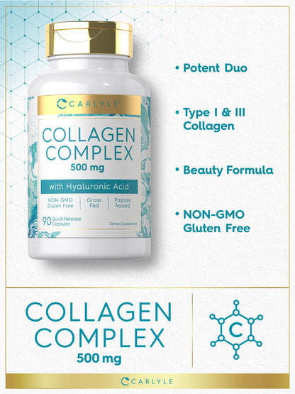 Carlyle Collagen Pills with Hyaluronic Acid | 500mg | 90 Capsules | Hydrolyzed Collagen Type 1 and 3 | Non-GMO, Gluten Free Supplement Carlyle buy supplements Au