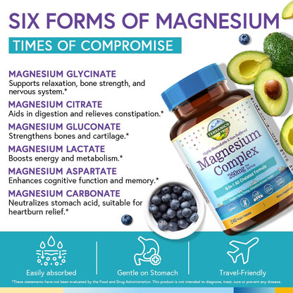 Terranics Magnesium Complex, 6-in-1, High Absorption, Glycinate, Citrate, Aspartate, Gluconate, Calmness, Heart, Bone, 240 Capsules, Non-Buffered Terranics buy supplements Au