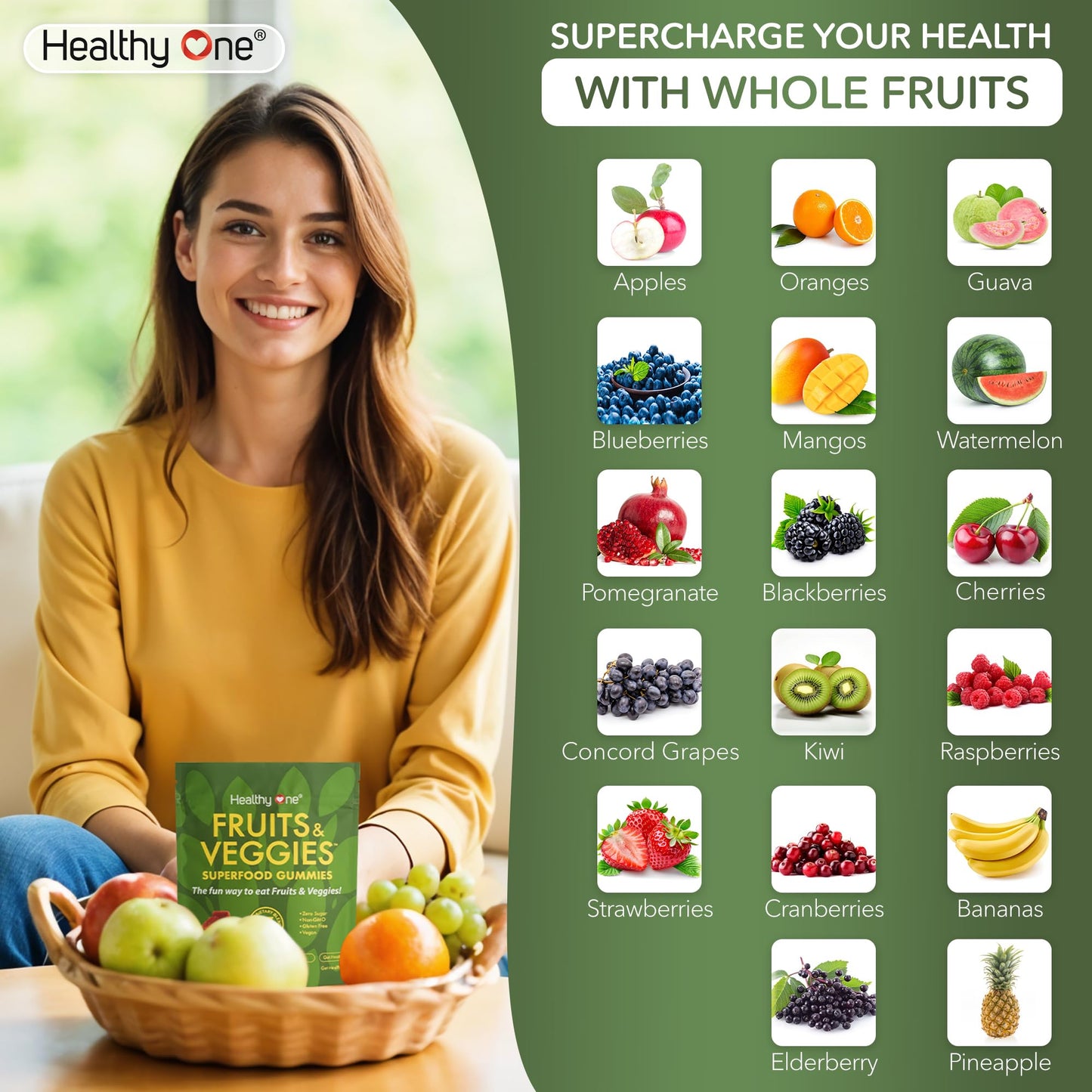 Fruits & Veggies Sugar-Free Gummies - 27 Whole Foods - Equals 3 Servings of Fruits & Vegetables - Improve Energy, Focus & Immune Function - Fiber - Antioxidants - Organic Ingredients - 14 Packets Healthy One buy supplements Au