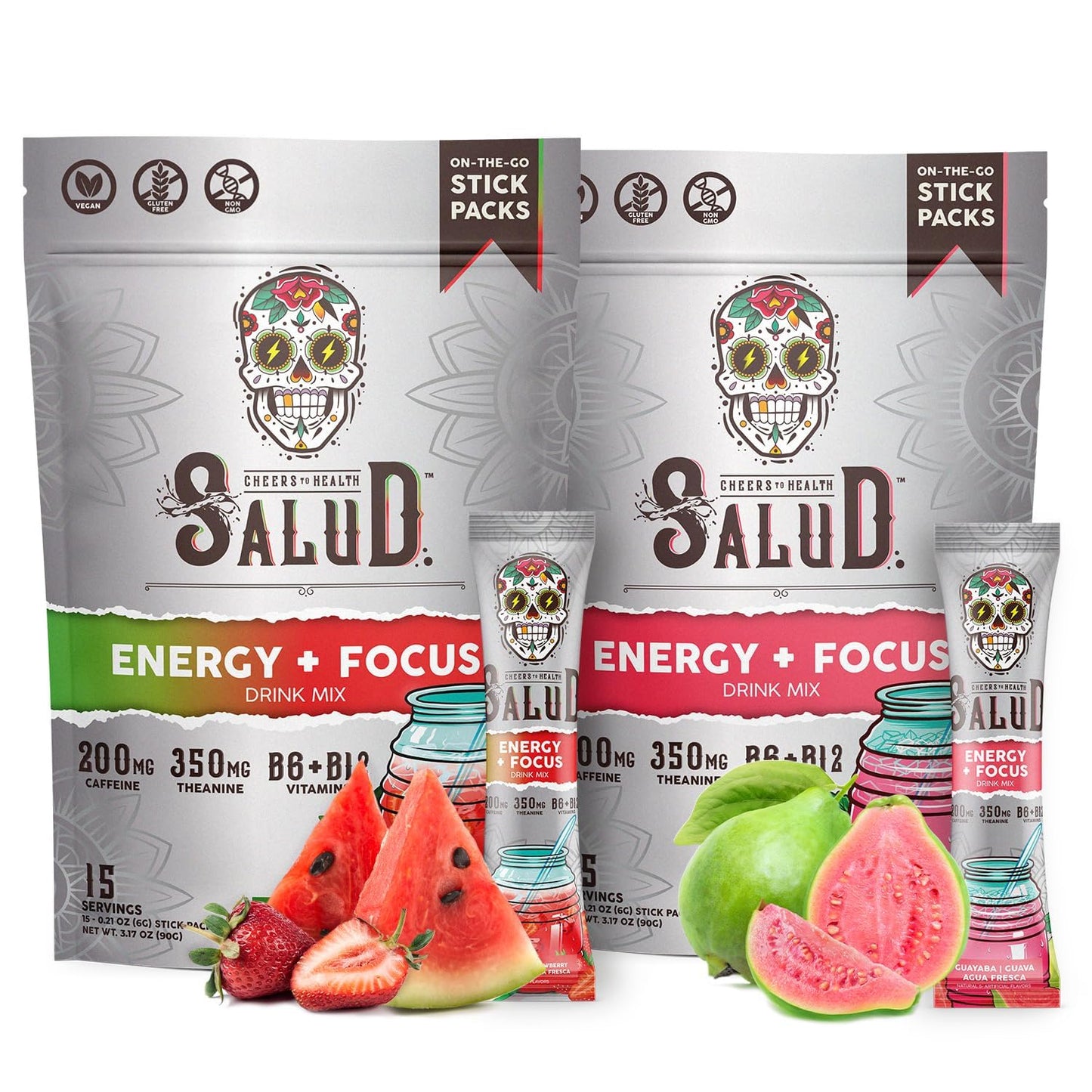 Salud 2-Pack |2-in-1 Energy + Focus (Strawberry Watermelon) & Energy + Focus (Guava) – 15 Servings Each, Agua Fresca Drink Mix, Non-GMO, Gluten Free, Vegan, Low Calorie, 1g of Sugar