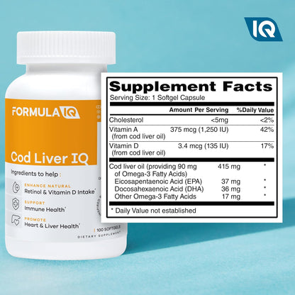 Formula IQ - Cod Liver IQ - Cod Liver Oil Softgels - Natural Source of Vitamins A & D and Omega-3 Fatty Acids - Heart, Liver & Immune Health - 100 Softgels