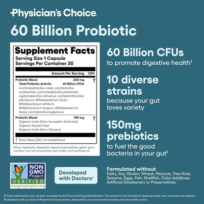 Physician's CHOICE Bloat & Gas Probiotic 30ct + 60 Billion Probiotic 30ct - Digestive Wellness Bundle