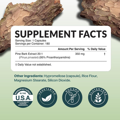 French Maritime Pine Bark Extract Capsules, 95% Proanthocyanidins, Vegan | 6 Month Supply, Cardiovascular & Antioxidant Support, High-Strength Pine Bark Extract 350mg, Vegan & Non-GMO, 180 Capsules
