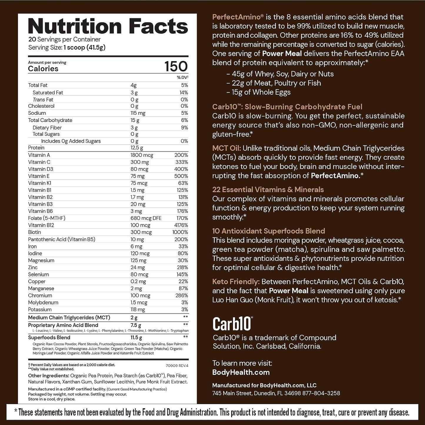 BodyHealth PerfectAmino Power Meal Shake New Dark Chocolate Flavor with MCT Oil Carb 10 and Perfect Amino Protein Base (20 Servings)