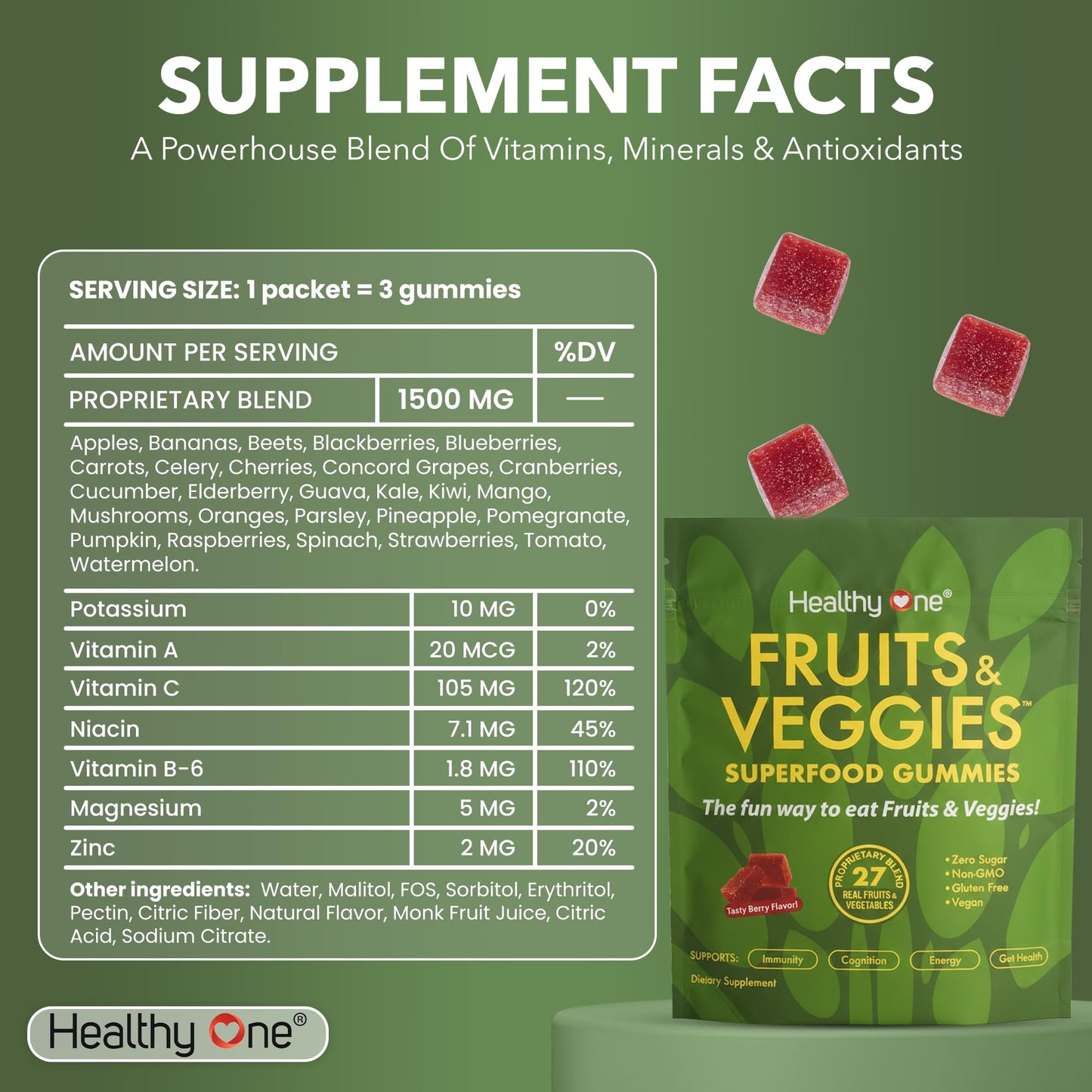 Fruits & Veggies Sugar-Free Gummies - 27 Whole Foods - Equals 3 Servings of Fruits & Vegetables - Improve Energy, Focus & Immune Function - Fiber - Antioxidants - Organic Ingredients - 14 Packets Healthy One buy supplements Au