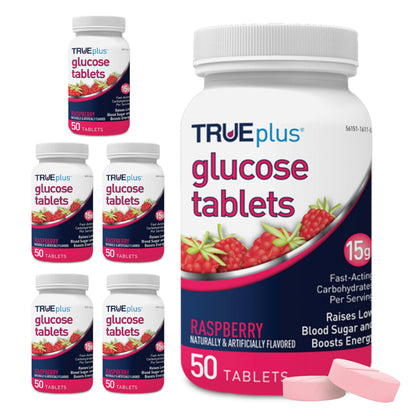 TRUEplus Glucose Tablets, Grape, Raspberry, Orange Flavors, 50 Count | Chewable Tablets, 15g Fast-Acting Carbohydrates, Fat Free, Gluten Free, Boosts Energy, Great Tasting and Easy to Use