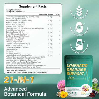 Kaseano Lymphatic Drainage Supplement 300 Softgels 21-in-1 Herbal Blend with Echinacea, Dandelion, Burdock Root Lymph System Support Fluid Balance & Immune System for Women & Men Kaseano buy supplements Au
