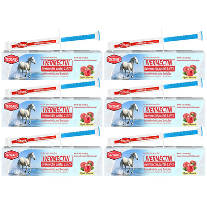 Multiple boxes of Ivermectin paste for horses on a white background