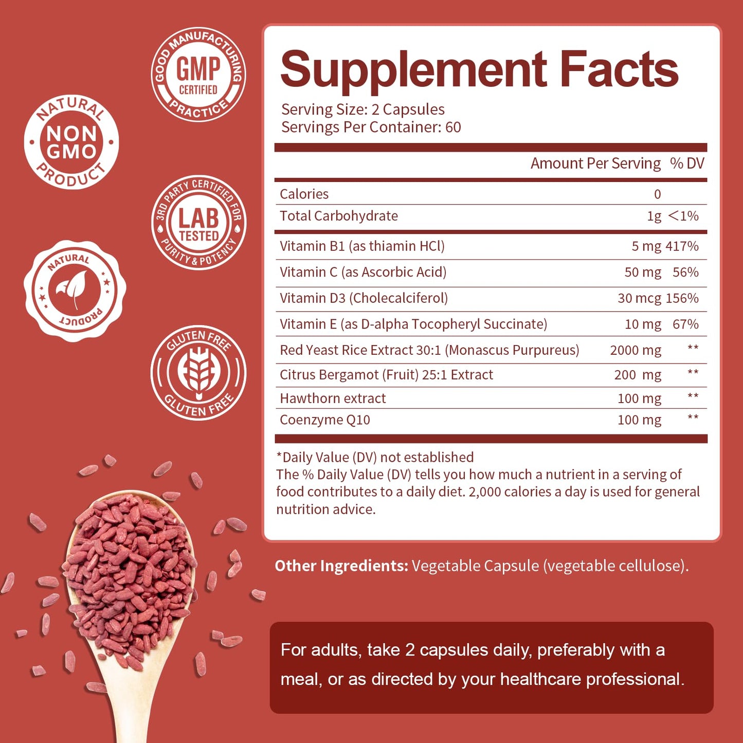 Totaria Red Yeast Rice 2,000mg with CoQ10 Supplement - Advanced Healthy Heart & Healthy Cholesterol Levels - Citrinin Free Extract Red Yeast Rice Capsules Plus Citrus Bergamot - Vegan, Non-GMO