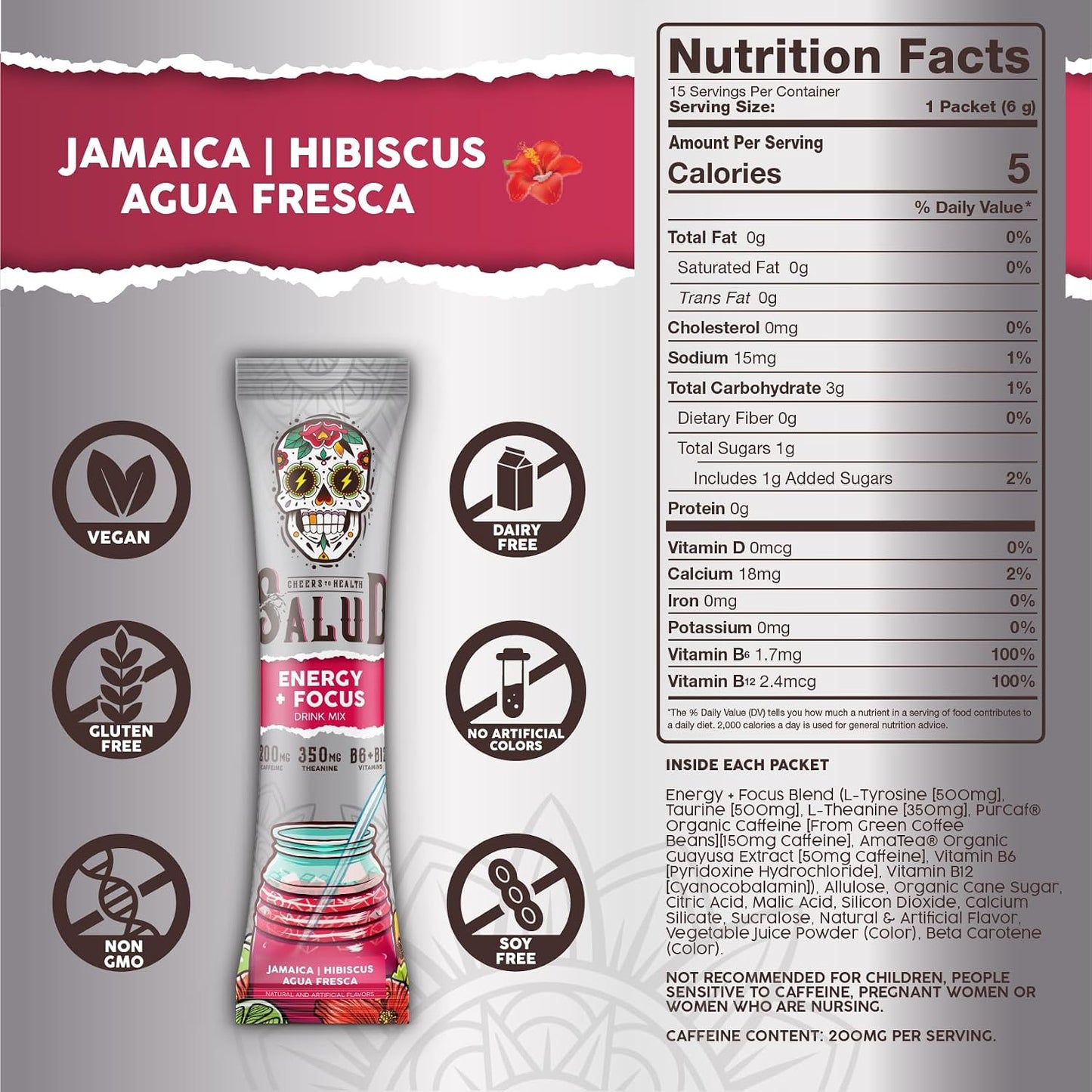 Salud 2-in-1 Energy + Focus Drink Mix, Hibiscus | Organic Caffeine, B6 + B12, Theanine, Clean Energy Packets, Agua Fresca Mix, Non-GMO, Gluten Free, 1g of Sugar (15 Servings)
