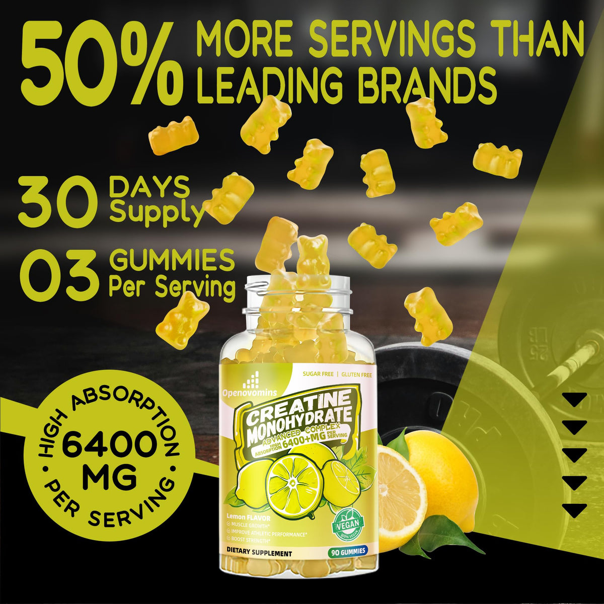 Creatine Monohydrate Gummies Complex for Men & Women -Advanced Formula W/L-Taurine + Vitamin B12, Sugar Free Chewable Supplement,90 Lemon Gummies Openovomins buy supplements Au