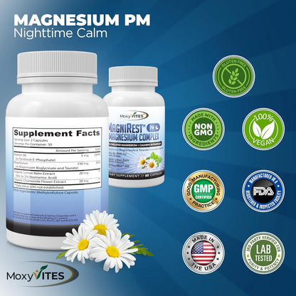 MoxyVites MagniRest PM Magnesium Complex for Women & Men - Magnesium Bisglycinate, Taurate, Active B6, & Calming Organic Botanicals - Chelated High Absorption - Nighttime Magnesium, 60 Vegan Capsules