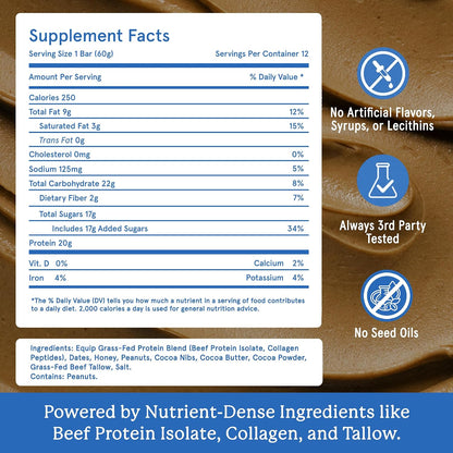 Equip Foods High Protein Prime Bars – Grass Fed Beef Protein, Collagen & Tallow – Gut Friendly, Gluten Free 20g Protein Bars - Only Real-Food Ingredients - Peanut Butter Chocolate, 12 Count