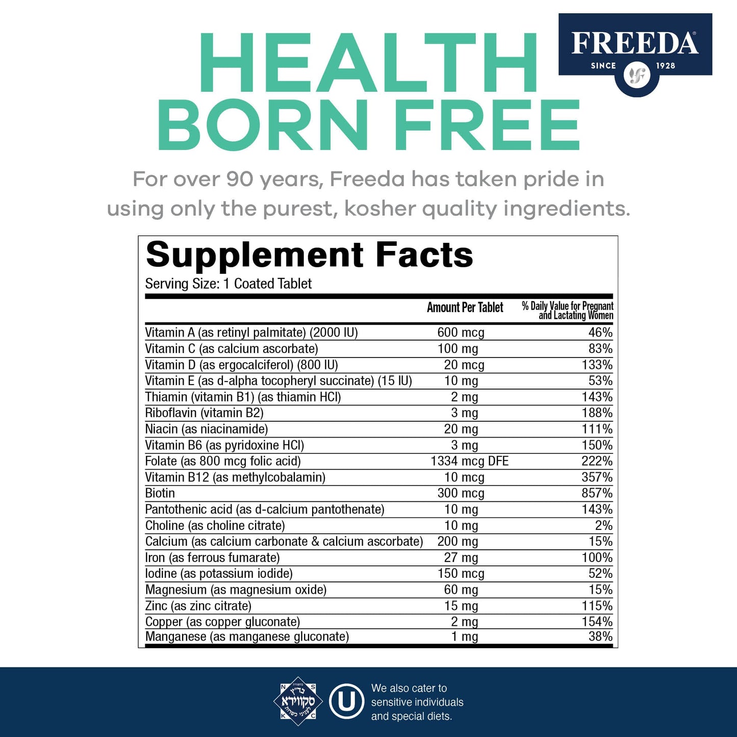 FREEDA Prenatal Vitamins for Pregnant Women – 100 Tablets | Supports Mother & Baby Nutrition – Includes Methylfolate, Calcium, & Essential Nutrients – Vegan, Kosher, Easy-to-Swallow