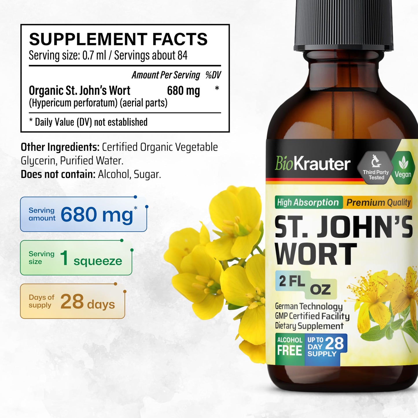 BIO KRAUTER® St Johns Wort for Calm & Mood Support - Vegan St. John's Wort for Relaxation & Emotional Wellness Support - Calm Drops 2 Fl.Oz., 28-Day Supply, Alcohol & Sugar Free Herbal Supplements