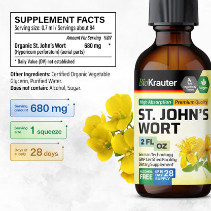 BIO KRAUTER® St Johns Wort for Calm & Mood Support - Vegan St. John's Wort for Relaxation & Emotional Wellness Support - Calm Drops 2 Fl.Oz., 28-Day Supply, Alcohol & Sugar Free Herbal Supplements