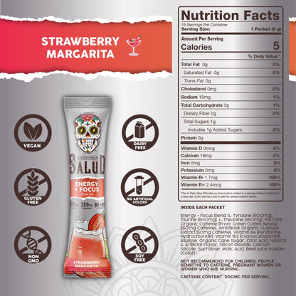 Salud 2-in-1 Energy + Focus Drink Mix, Hibiscus | Organic Caffeine, B6 + B12, Theanine, Clean Energy Packets, Agua Fresca Mix, Non-GMO, Gluten Free, 1g of Sugar (15 Servings)
