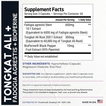 Tongkat Ali and Fadogia Agrestis for Men Supplement w/ BioPerine - Tonkat-Ali Max Strength 200:1 Extract - Long jack Tongkat-ali for Men - Muscle Growth, Performance & Energy - 120 Powder Capsules