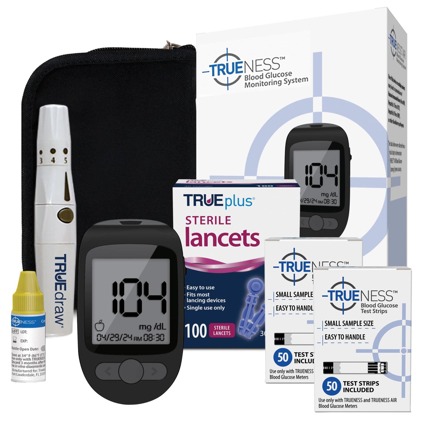 TRUENESS Blood Glucose Meter Kit with Testing Supplies | Includes Blood Glucose Monitor, Case, 100 Test Strips, 100 Lancets, Lancing Device - Fast, Easy Testing Supplies for Home Use