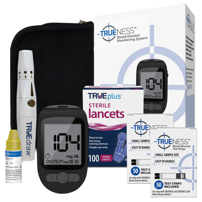 TRUENESS Blood Glucose Meter Kit with Testing Supplies | Includes Blood Glucose Monitor, Case, 100 Test Strips, 100 Lancets, Lancing Device - Fast, Easy Testing Supplies for Home Use