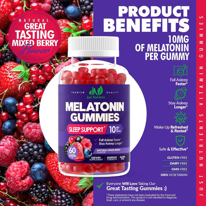 Melatonin 10mg Gummies with 10mg of Melatonin Per Gummy (60 Servings) | Maximum Strength Sleep Support for Adults - Gluten-Free, Vegetarian, Great Tasting Mixed Berry Flavor - 60 Servings