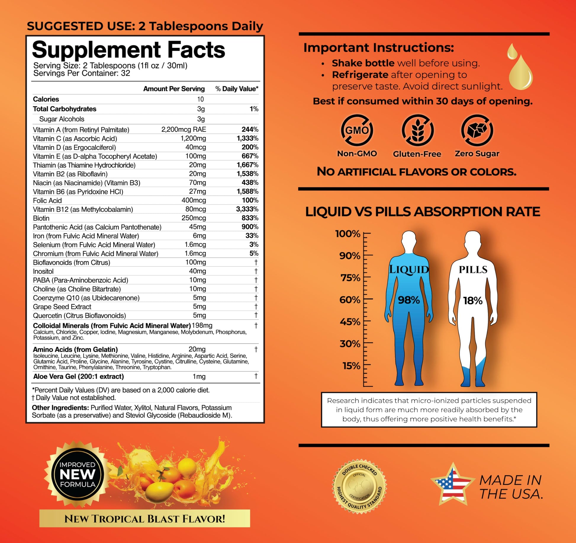 Mega Premium Liquid Multivitamin | Natural Immune Support Vitamin w/ 1333% Vitamin C, 200% D3, Zinc + 20 Vitamins, 70 Minerals, & 21 Amino Acids | Sugar Free | Orange Flavor | 98% Absorption | 32 Serv Tropical Oasis buy supplements Au