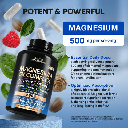 Magnesium Supplement - 5 in 1 Complex | Glycinate | Citrate | Malate | Taurate | Oxide - Made in USA - Stress, Muscle & Heart Support - Vegan, Natural, Non-GMO - 180 Capsules, 2 Month Supply NUTRAHARMONY buy supplements Au