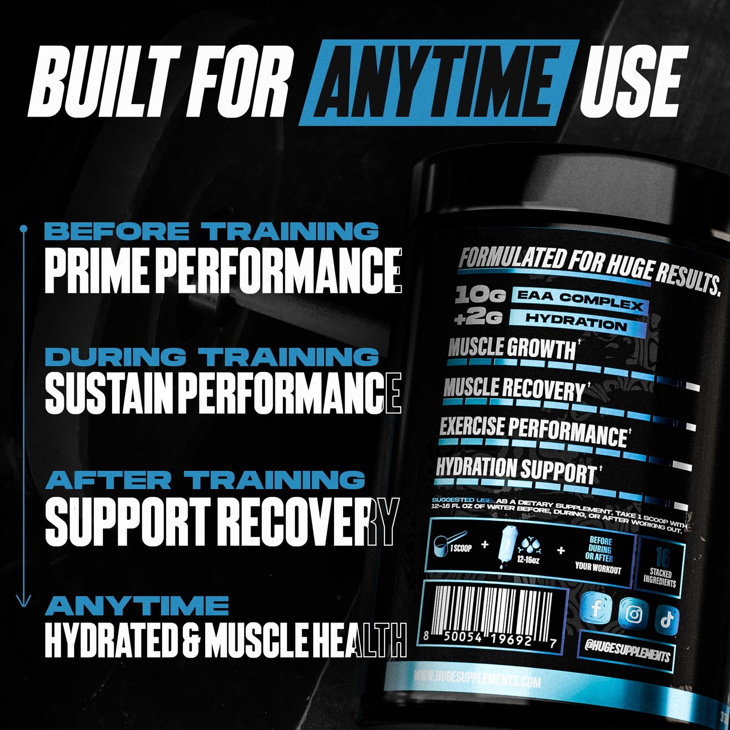 Huge EAA + Hydration, Essential Amino Acids Powder, EAAs & BCAAs, Intra & Post Workout Recovery Powder, Muscle Growth, Recovery & Performance, 10g EAAs & Electrolytes, Kiwi Blueberry, 30 Servings