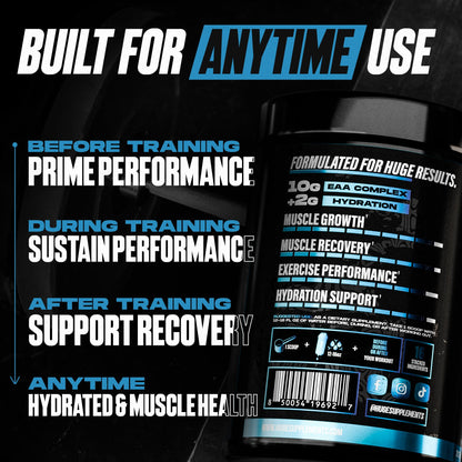 Huge EAA + Hydration, Essential Amino Acids Powder, EAAs & BCAAs, Intra & Post Workout Recovery Powder, Muscle Growth, Recovery & Performance, 10g EAAs & Electrolytes, Kiwi Blueberry, 30 Servings