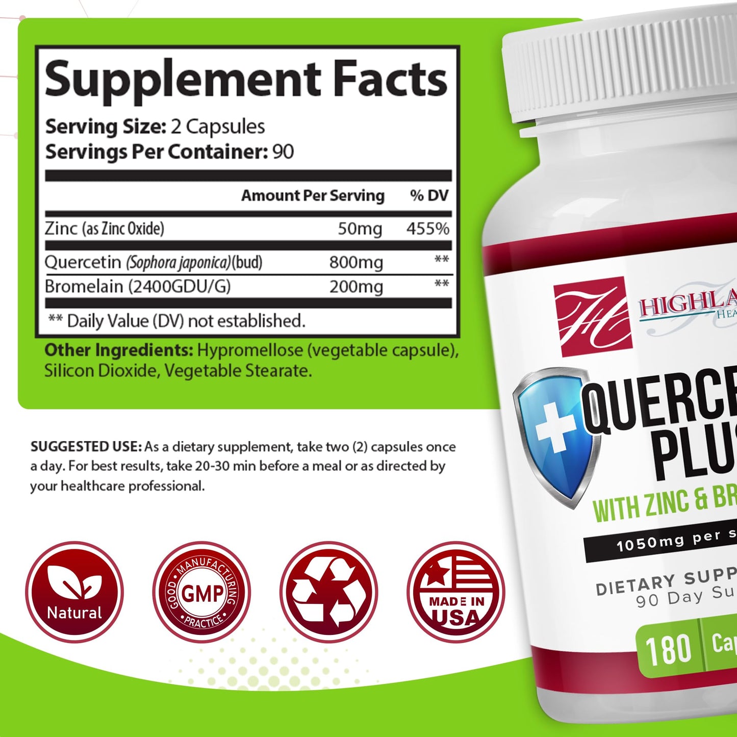 Highland Health Foods Quercetin Plus Bromelain and Zinc 180 Capsules - Immune Support Supplement for Adults, Teens, Seniors - Quercetin with Bromelain for Immune Support Highland Health FoodsBuy Supplements Australia