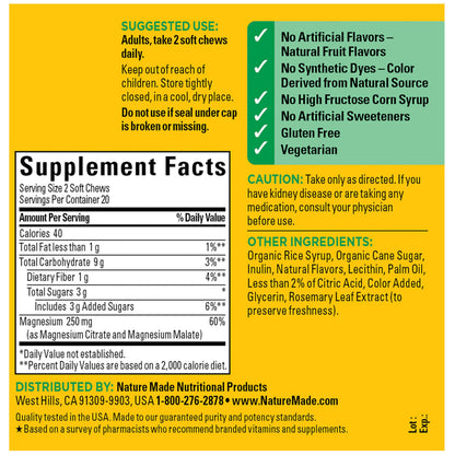 Nature Made High Absorption Magnesium Complex Soft Chews, Magnesium Supplement for Muscle, Heart, Bone Support, Magnesium Citrate & Malate Blend 250 mg per Serving, 40 Vegetarian Chews, 20 Day Supply Nature Made buy supplements Au