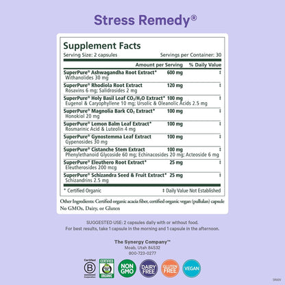 PURE SYNERGY Stress Remedy | Soothing Supplement with Ashwagandha | Organic Adaptogen Support from Lemon Balm and Holy Basil | for Stress Relief, Adrenal Health, and Mood (60 Capsules)