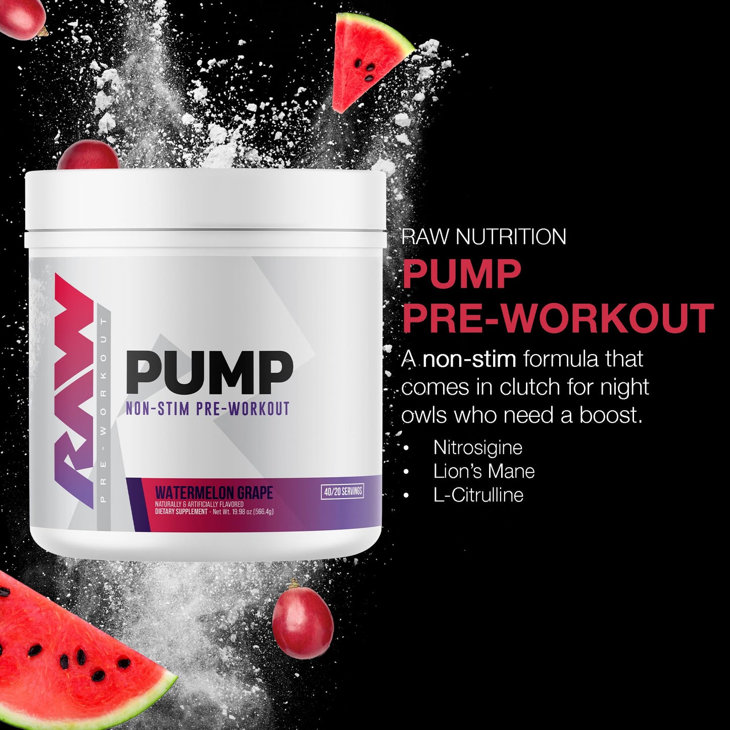 RAW Pump Stim Free Pre Workout (Watermelon) - Non-Stimulant Pre Workout Supplement Powder Nitric Oxide Booster - Pre Workout Supplements Drink for During Workout - 40 Servings