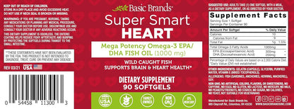 Basic Brands Super Smart Heart Omega Triple Strength, 1,000 mg 90 Count | EPA & DHA for Heart, Brain & Joint Support, Purified, Wild-Caught, Non-GM