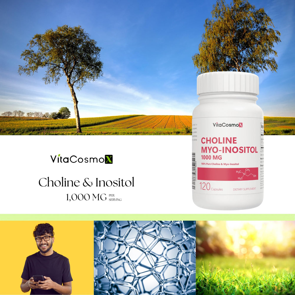 VitaCosmoX Choline and Myo-Inositol Supplement, 1000 mg Each, 120 Veggie Capsules 100% Vegetarian, Non-GMO & Gluten Free VitaCosmoX buy supplements Au