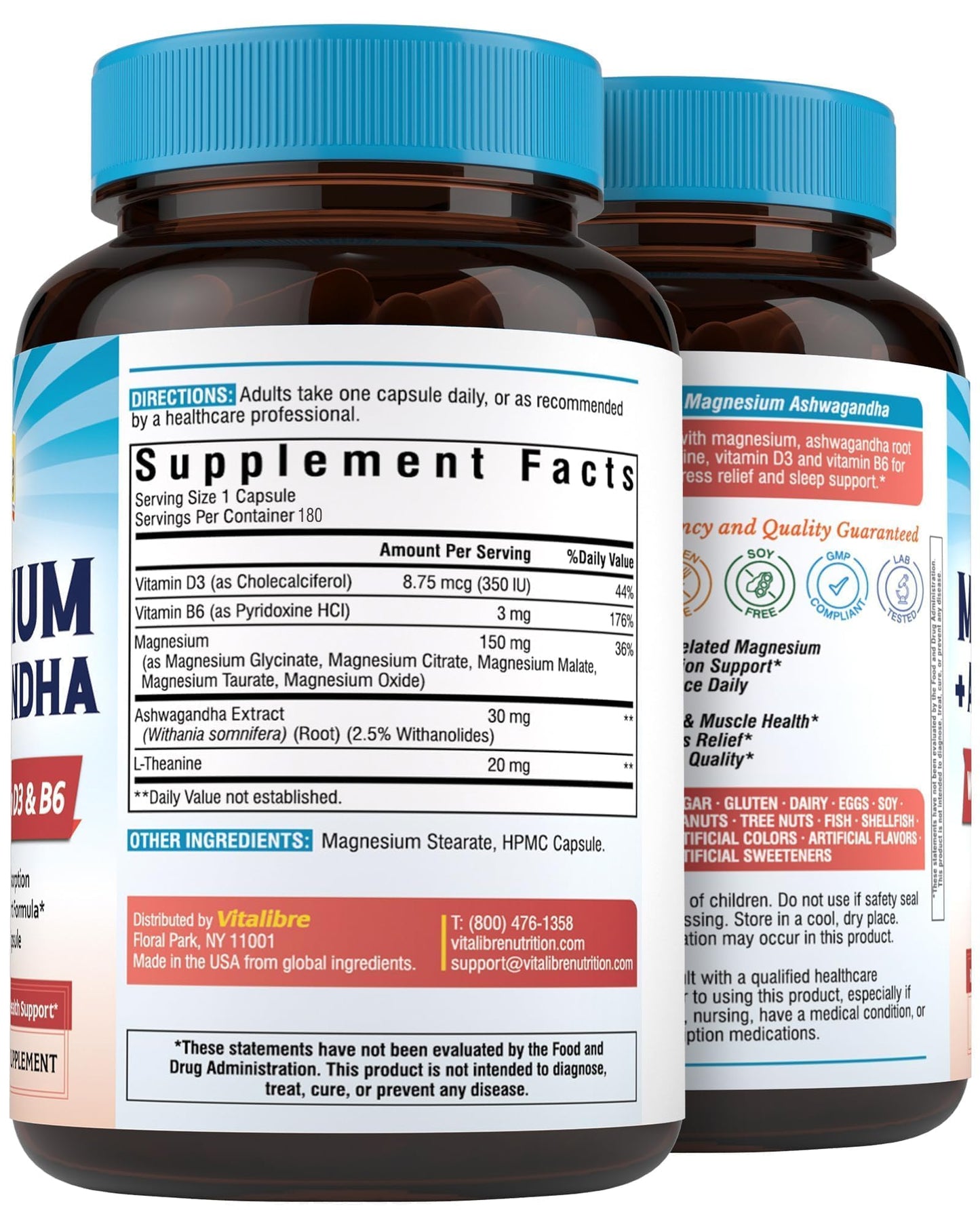 Vitalibre Magnesium Complex with Ashwagandha, L-Theanine & Vitamin D3, B6 | Stress Relief, Bone & Relaxation Support - w/ Magnesium Glycinate, Citrate, Malate, Taurate - Non-GMO, 90 Capsules