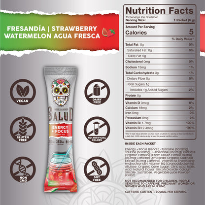 Salud 2-in-1 Energy + Focus Drink Mix, Hibiscus | Organic Caffeine, B6 + B12, Theanine, Clean Energy Packets, Agua Fresca Mix, Non-GMO, Gluten Free, 1g of Sugar (15 Servings)