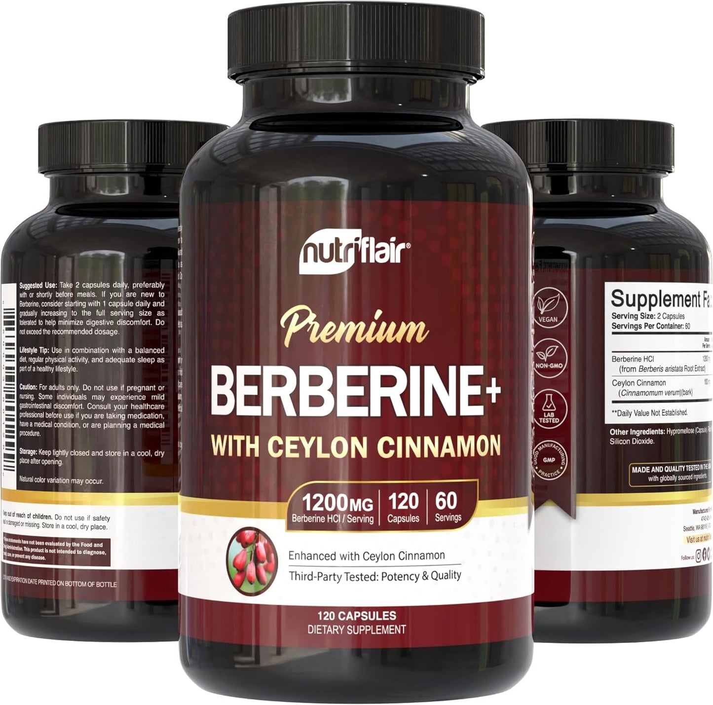 NutriFlair Berberine HCl 1200mg, 120 Capsules - Plus Ceylon Cinnamon, Berberine HCI Root Supplements Pills - Made in USA