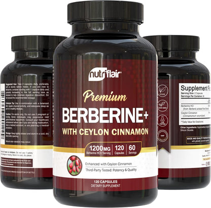 NutriFlair Berberine HCl 1200mg, 120 Capsules - Plus Ceylon Cinnamon, Berberine HCI Root Supplements Pills - Made in USA