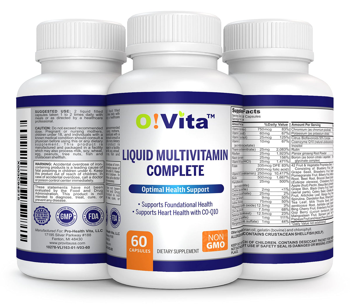 O!VITA Liquid Multivitamin Complete, with a Full Spectrum of Vitamins and Minerals, Plus 42 Fruits and Vegetable Proprietary Blend, Easy Absorption (60 Vegan Liquid Filled Capsules) O!VITABuy Supplements Australia