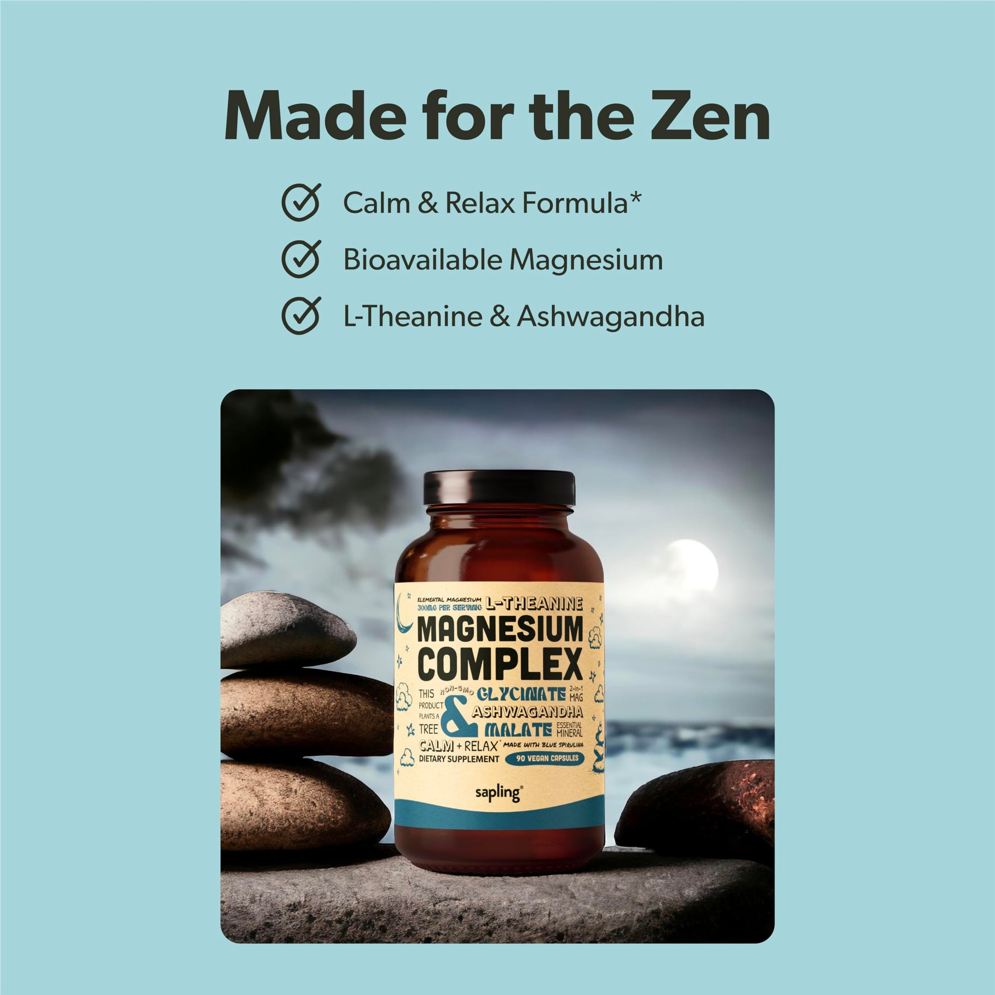Magnesium Glycinate Complex Supplement - Chelated Magnesium Glycinate with Malate, Organic Ashwagandha, L-theanine & Blue Spirulina - High Absorption, Vegan, Non-GMO, 300mg, 90 Veggie Caps sapling buy supplements Au