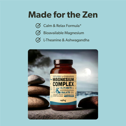 Magnesium Glycinate Complex Supplement - Chelated Magnesium Glycinate with Malate, Organic Ashwagandha, L-theanine & Blue Spirulina - High Absorption, Vegan, Non-GMO, 300mg, 90 Veggie Caps sapling buy supplements Au